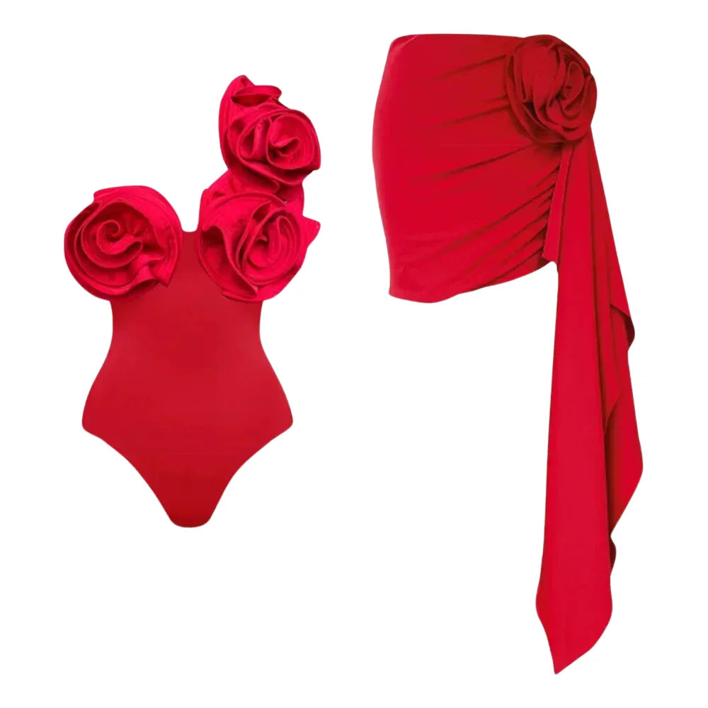 Maillot de bain, 2 pièces, bikini, à fleurs rouges 3D, avec jupe, sexy