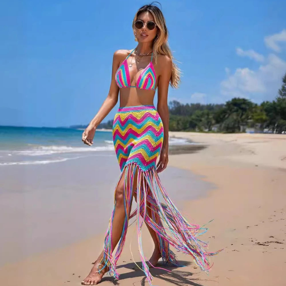 Ensemble 2 pieces, Haut court, ondulé, jupe à pompons, tricot arc-en-ciel, beach wear NEITH