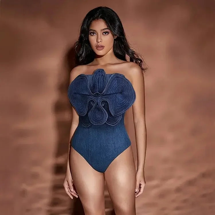 Ensemble, maillot de bain, denim, à épaules dénudées, imprimé fleur 3D, pantalon NEITH